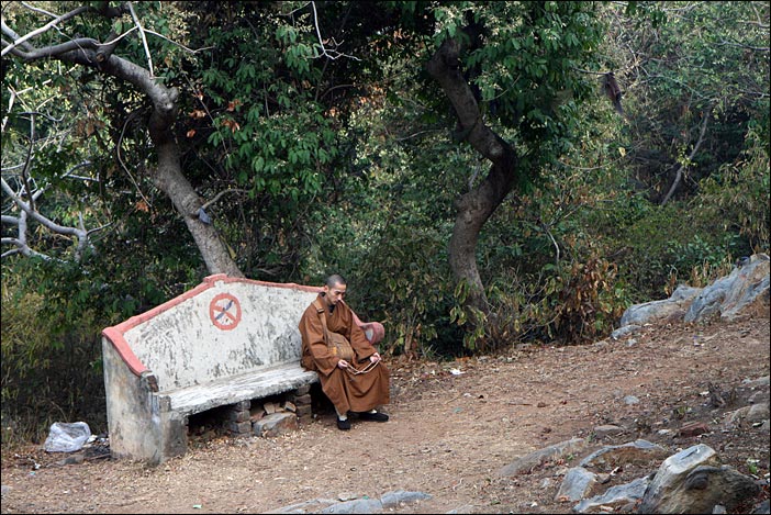 Mönch auf Bank am Geierberg in Rajgir